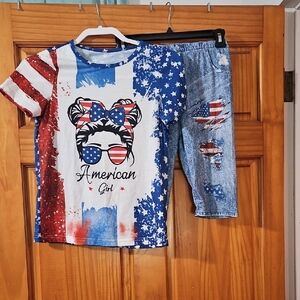 American Girl Patriotic T-Shirt and "Faux Jean Short" Set
